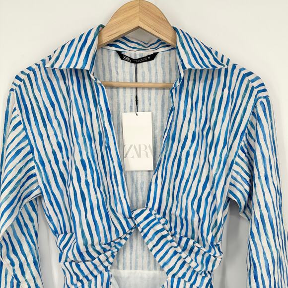 ZARA Striped Knot Cut Out Mini Dress Linen Blend Long Sleeve Blue/ White NWT - Picture 7 of 14